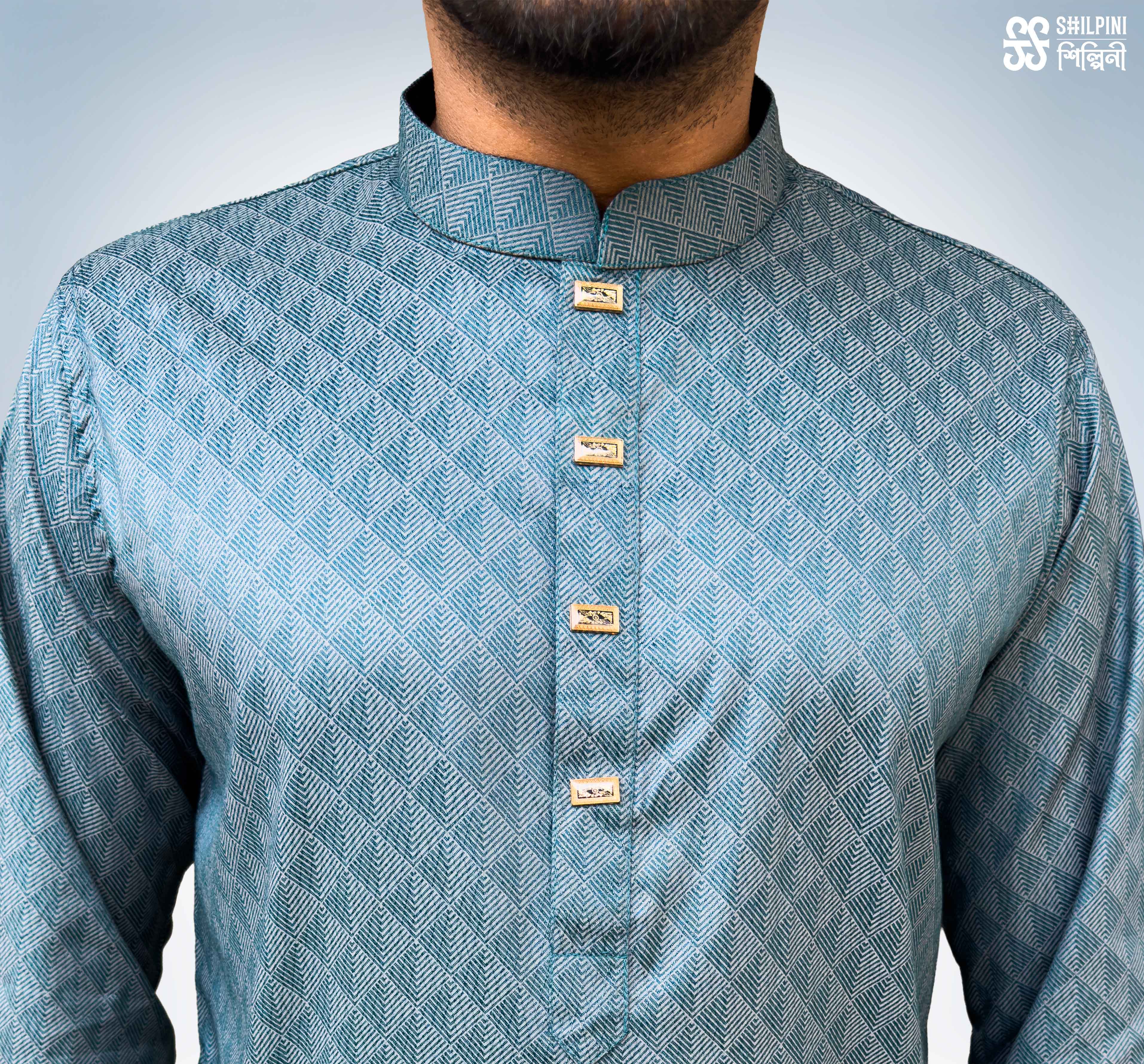 Shilpini Premium Indian Cotton Teal Blue Panjabi thumbnail 3