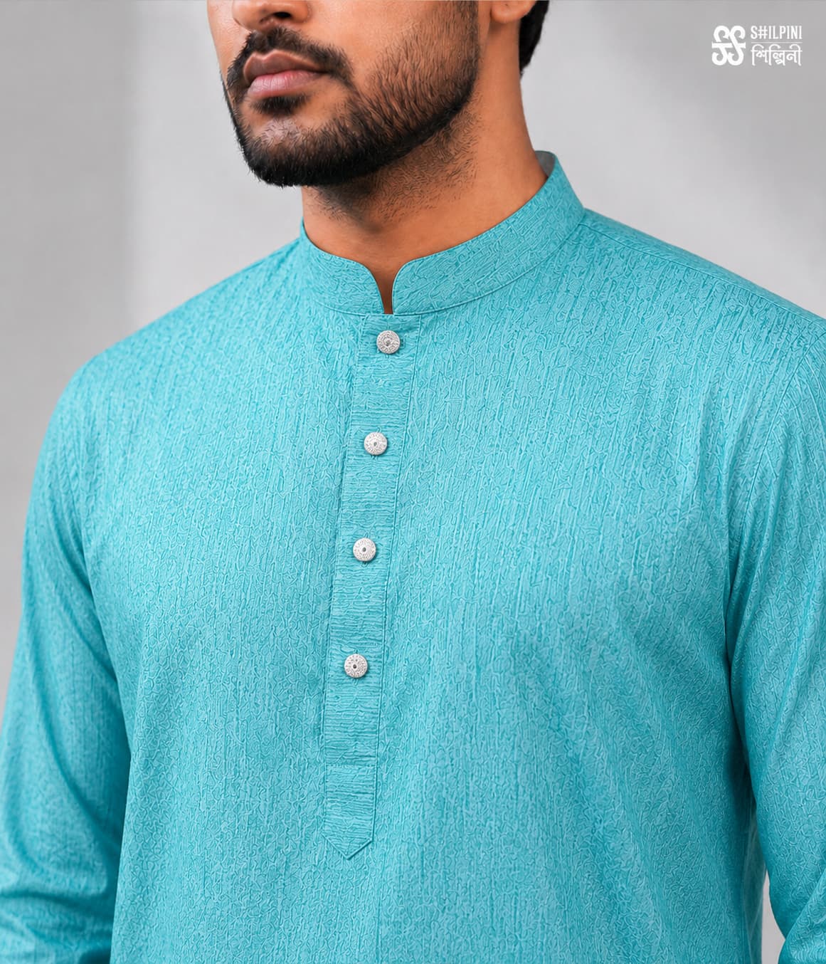 Shilpini Turquoise Blue Textured Panjabi thumbnail 2